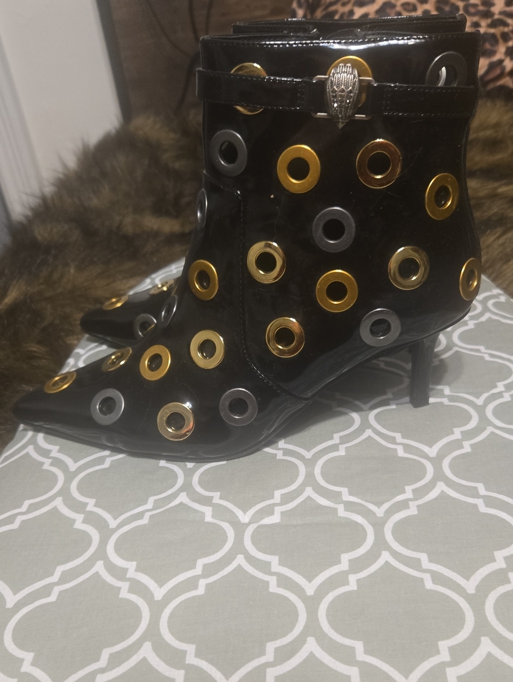 Kurt Geiger Black Patent Ankle Boots with Gold & Silver Eyelet Accents Size 7.5